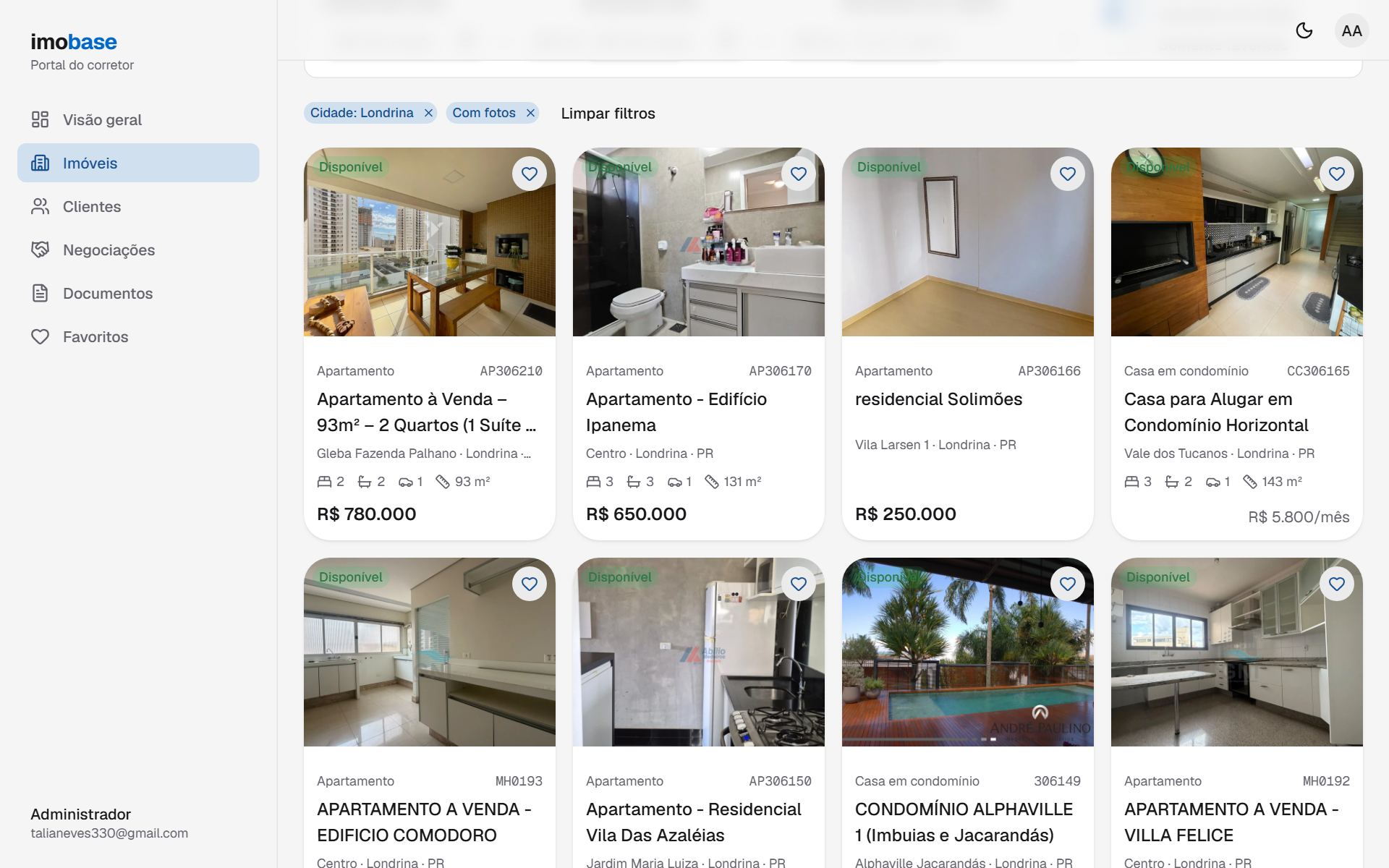 Lista de imóveis do portal com filtros avançados